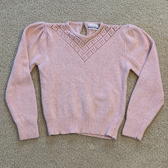 Patsy's Place Sweaters - Vtg 80s Baby pink lace knit/open knit sweater (Silk angora blend) in XS.